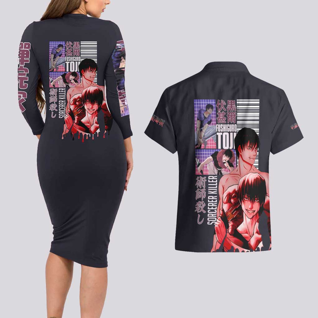 Fushiguro Toji Jujutsu Kaisen Couples Matching Long Sleeve Bodycon Dress and Hawaiian Shirt Japan Anime Style