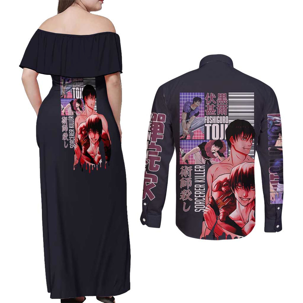 Fushiguro Toji Jujutsu Kaisen Couples Matching Off Shoulder Maxi Dress and Long Sleeve Button Shirt Japan Anime Style