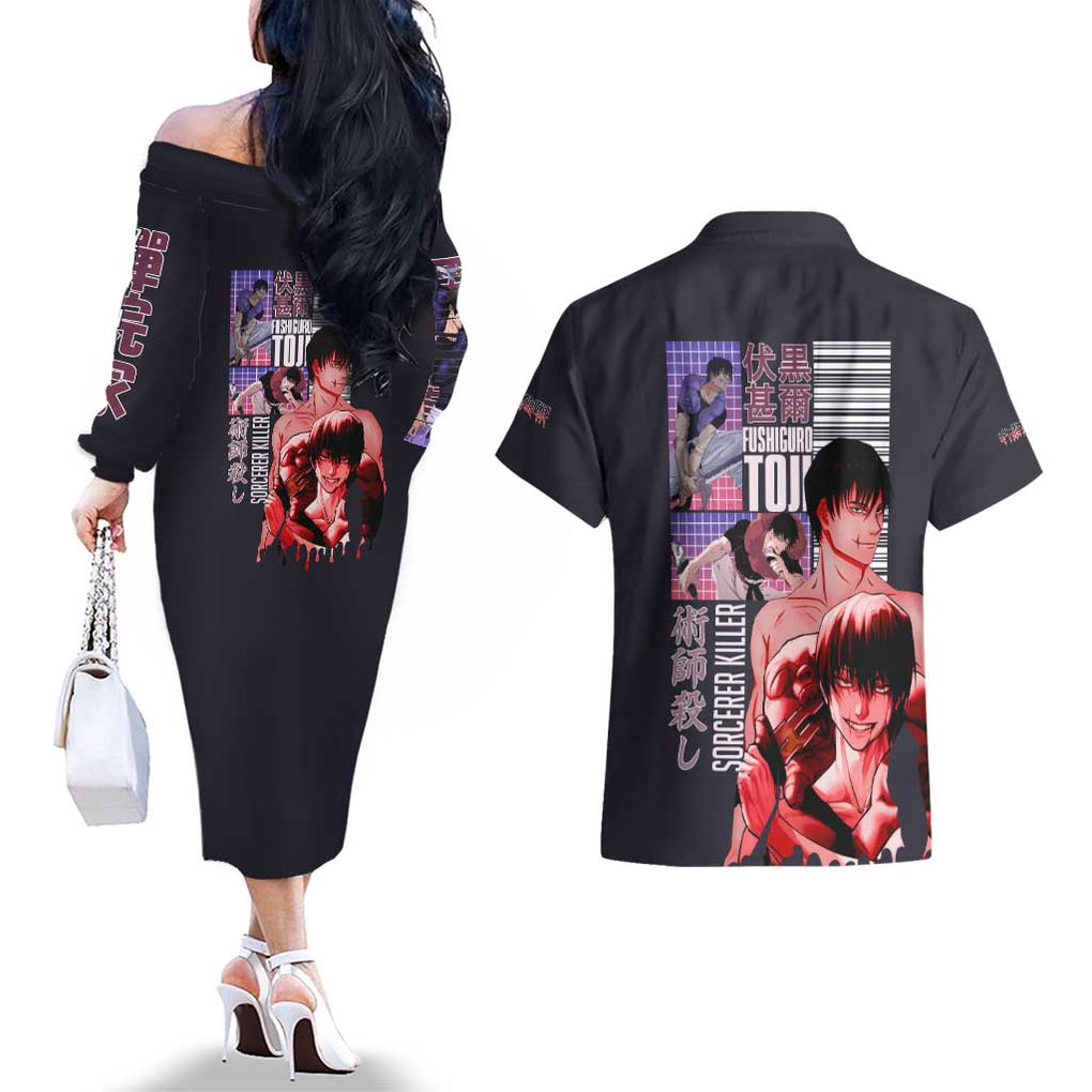 Fushiguro Toji Jujutsu Kaisen Couples Matching Off The Shoulder Long Sleeve Dress and Hawaiian Shirt Japan Anime Style