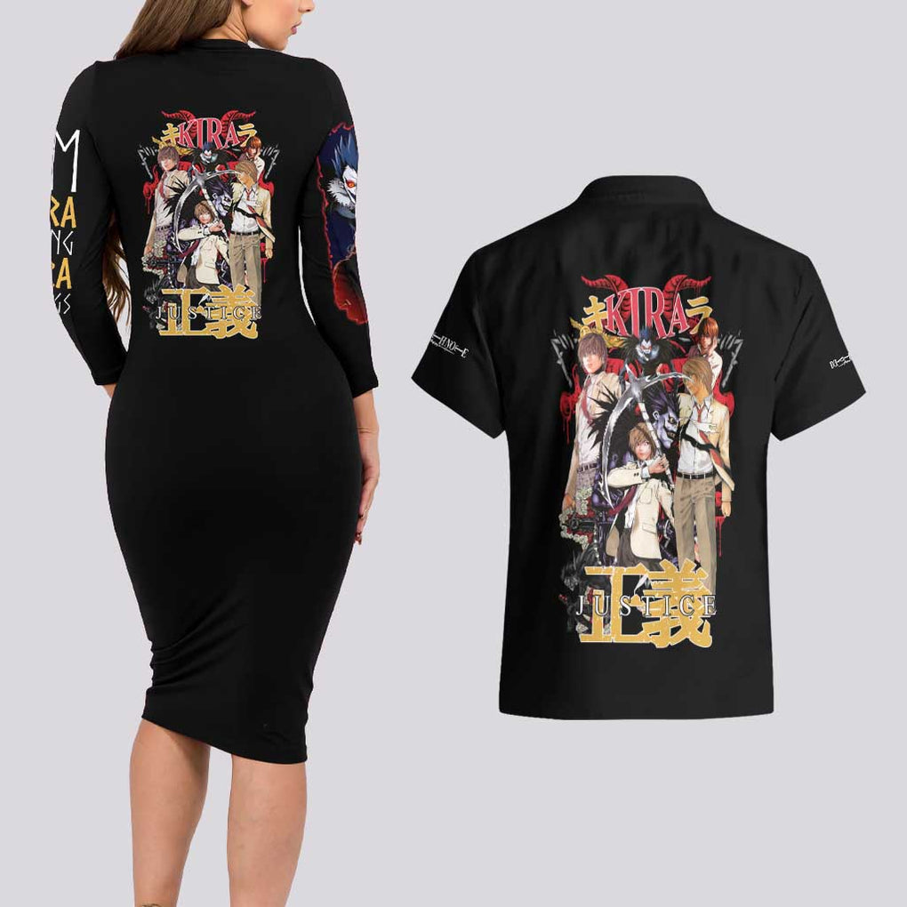 Light Yagami V2 Death Note Couples Matching Long Sleeve Bodycon Dress and Hawaiian Shirt Japan Anime Style