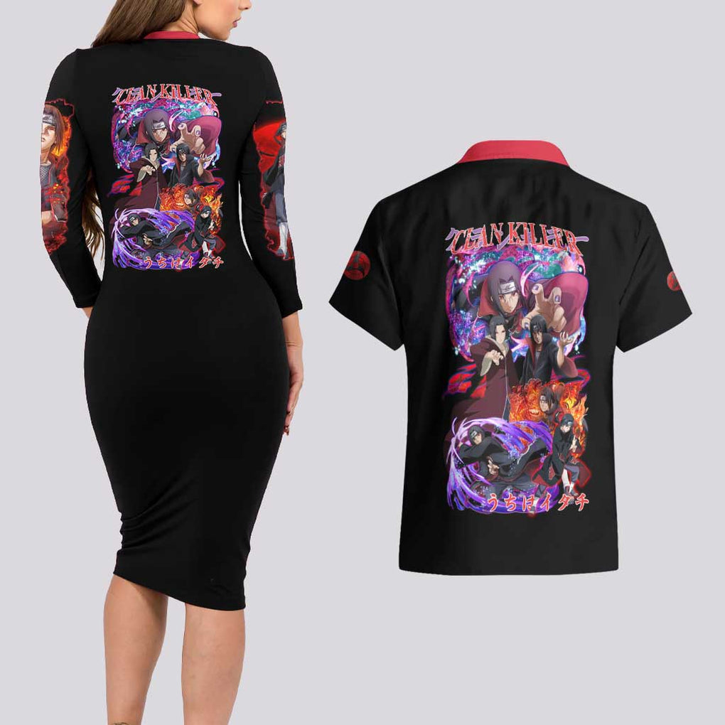 Uchiha Itachi V4 Naruto Couples Matching Long Sleeve Bodycon Dress and Hawaiian Shirt Japan Anime Style