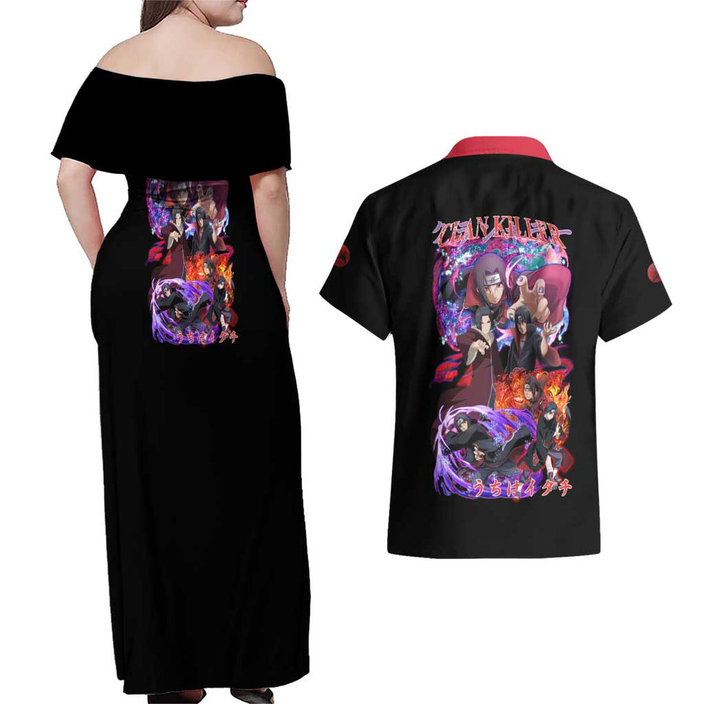 Uchiha Itachi V4 Naruto Couples Matching Off Shoulder Maxi Dress and Hawaiian Shirt Japan Anime Style