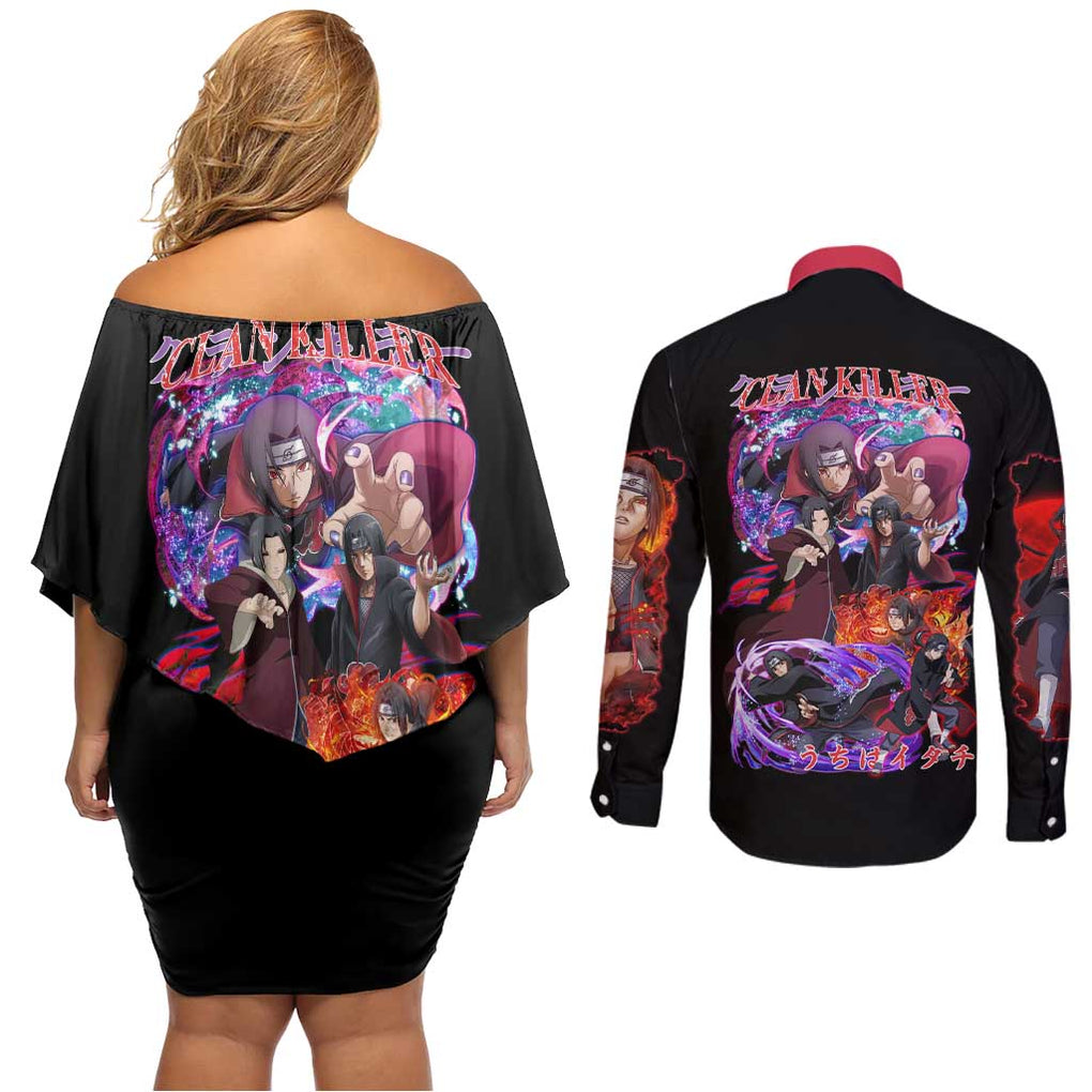 Uchiha Itachi V4 Naruto Couples Matching Off Shoulder Short Dress and Long Sleeve Button Shirt Japan Anime Style