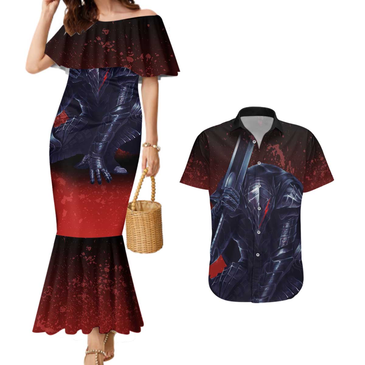 Struggler Berserk Couples Matching Mermaid Dress and Hawaiian Shirt Japan Anime Style - The Mazicc
