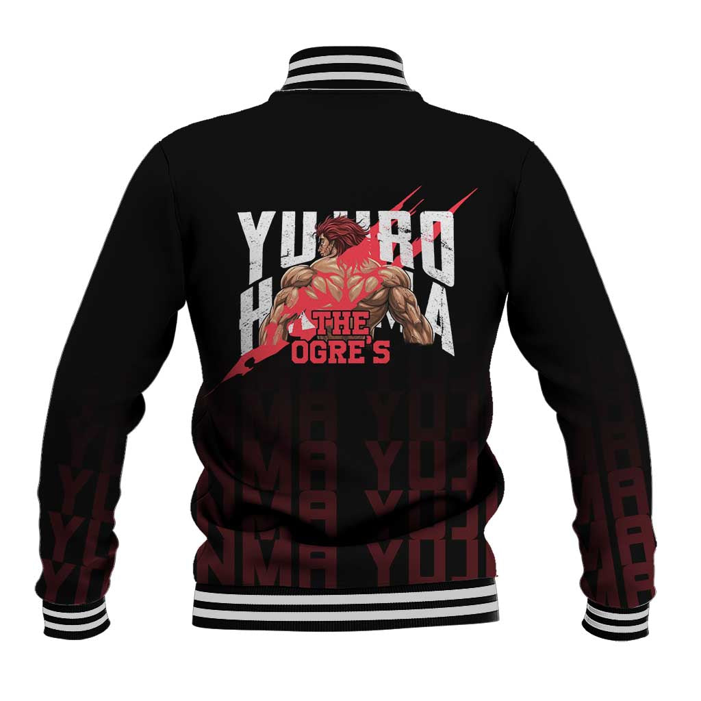 Yujiro Hanma The Ogre Baki Series Gym Theme Baseball Jacket with Muscular Back Design and Bold Typography - The Mazicc
