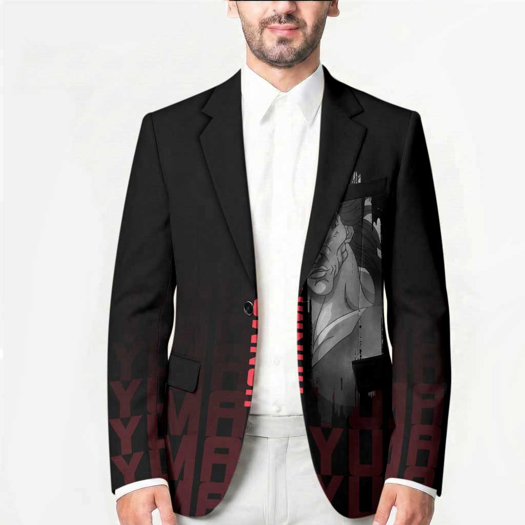 Yujiro Hanma The Ogre Baki Series Gym Theme Blazer with Muscular Back Design and Bold Typography - The Mazicc