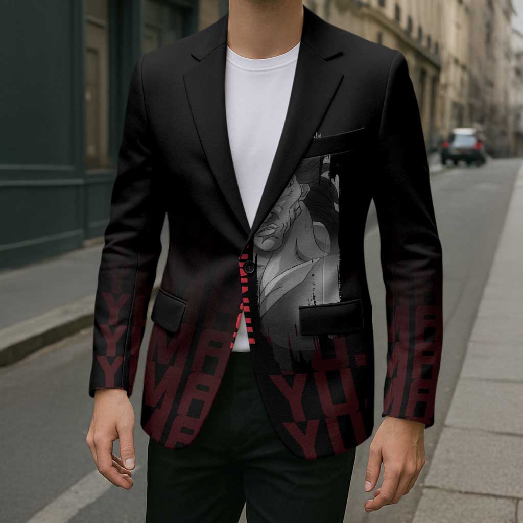 Yujiro Hanma The Ogre Baki Series Gym Theme Blazer with Muscular Back Design and Bold Typography - The Mazicc