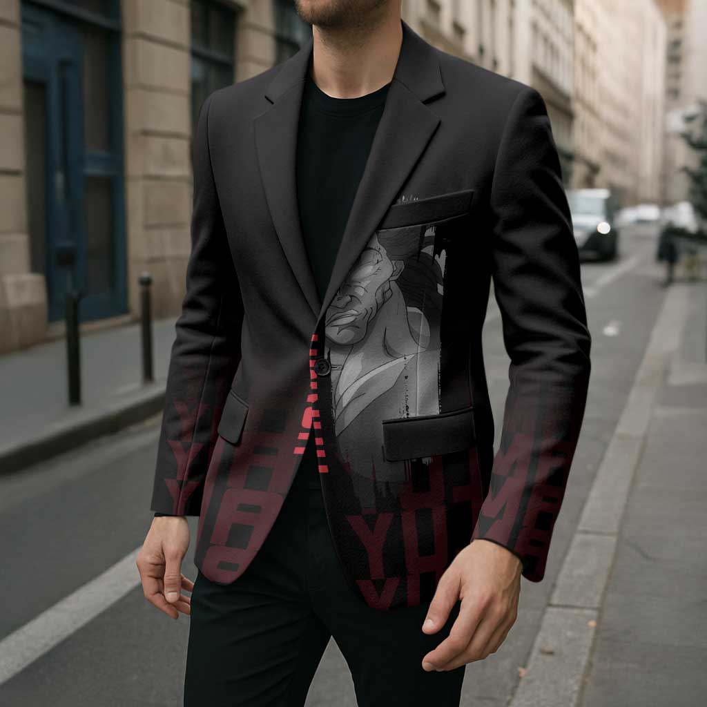 Yujiro Hanma The Ogre Baki Series Gym Theme Blazer with Muscular Back Design and Bold Typography - The Mazicc