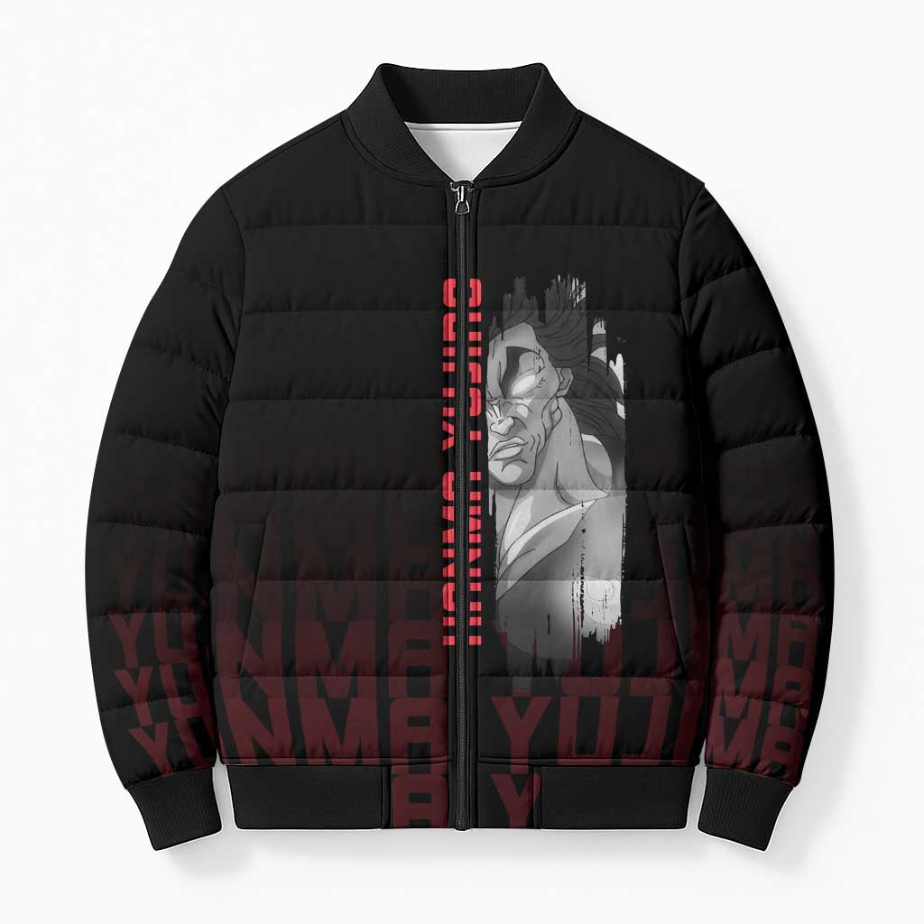 Yujiro Hanma The Ogre Baki Series Gym Theme Bomber Puffer Jacket with Muscular Back Design and Bold Typography - The Mazicc