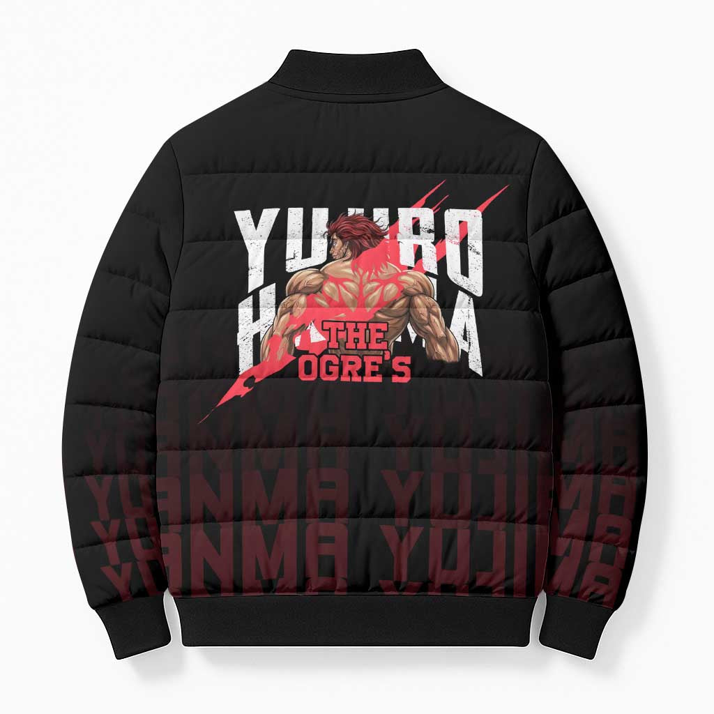 Yujiro Hanma The Ogre Baki Series Gym Theme Bomber Puffer Jacket with Muscular Back Design and Bold Typography - The Mazicc