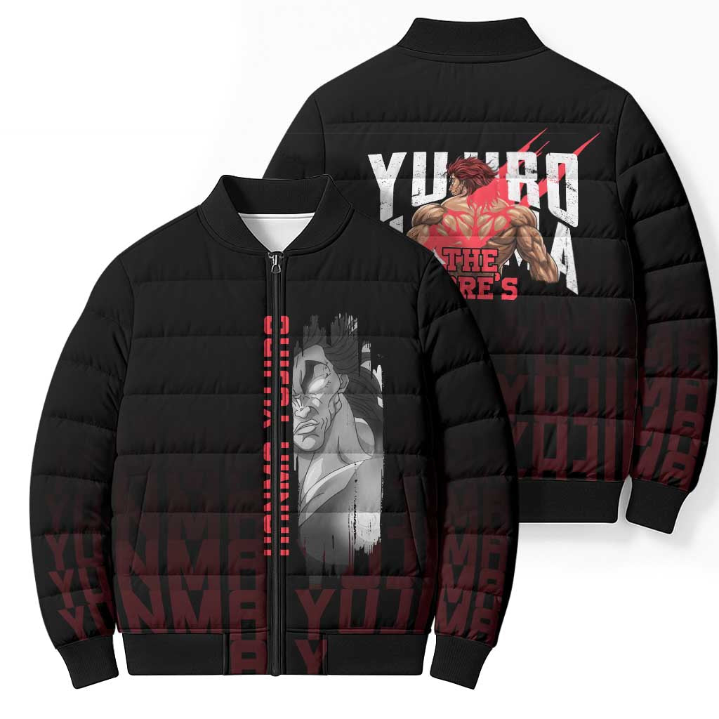 Yujiro Hanma The Ogre Baki Series Gym Theme Bomber Puffer Jacket with Muscular Back Design and Bold Typography - The Mazicc