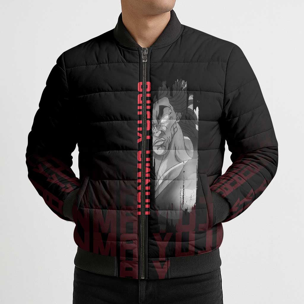 Yujiro Hanma The Ogre Baki Series Gym Theme Bomber Puffer Jacket with Muscular Back Design and Bold Typography - The Mazicc