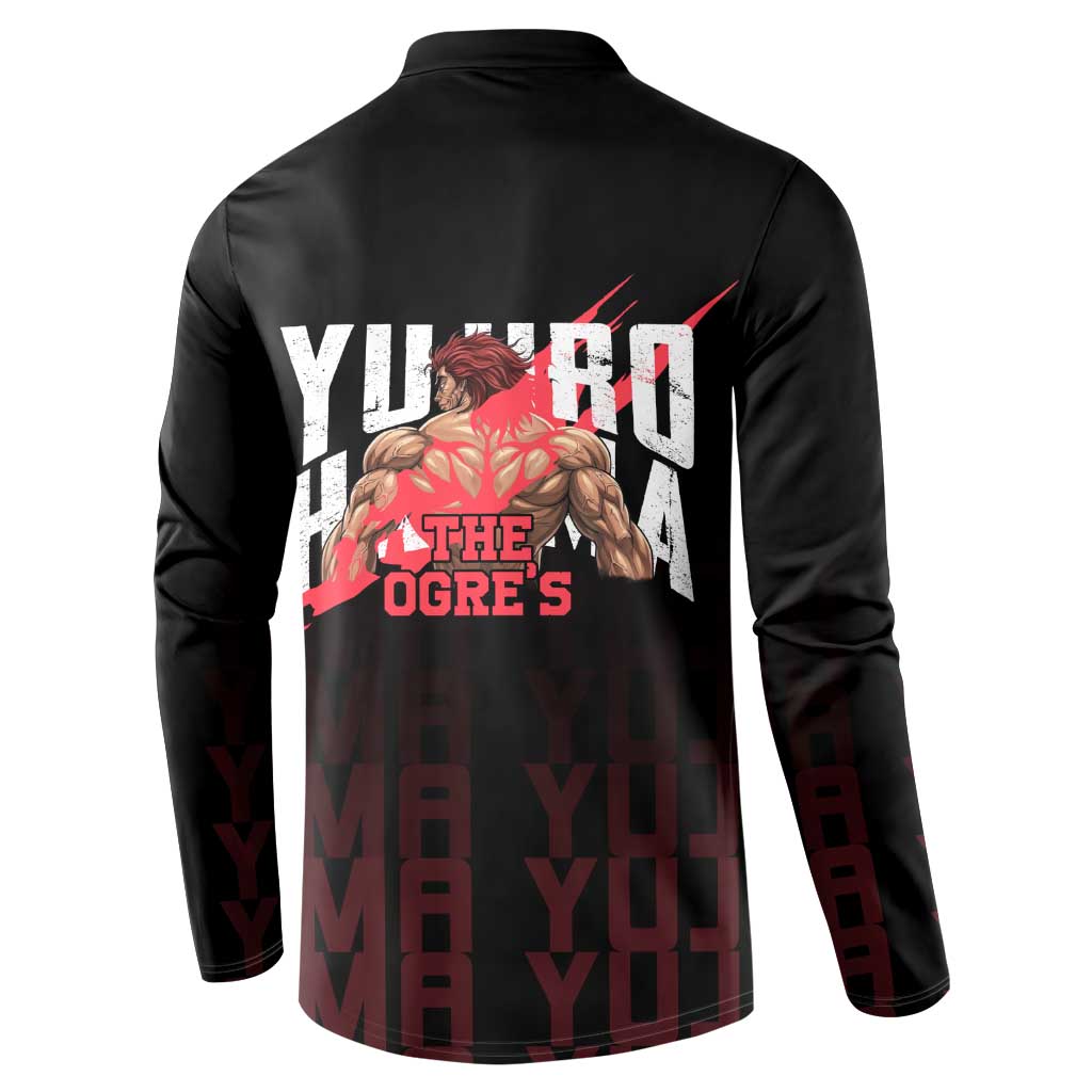 Yujiro Hanma The Ogre Baki Series Gym Theme Button Sweatshirt with Muscular Back Design and Bold Typography - The Mazicc