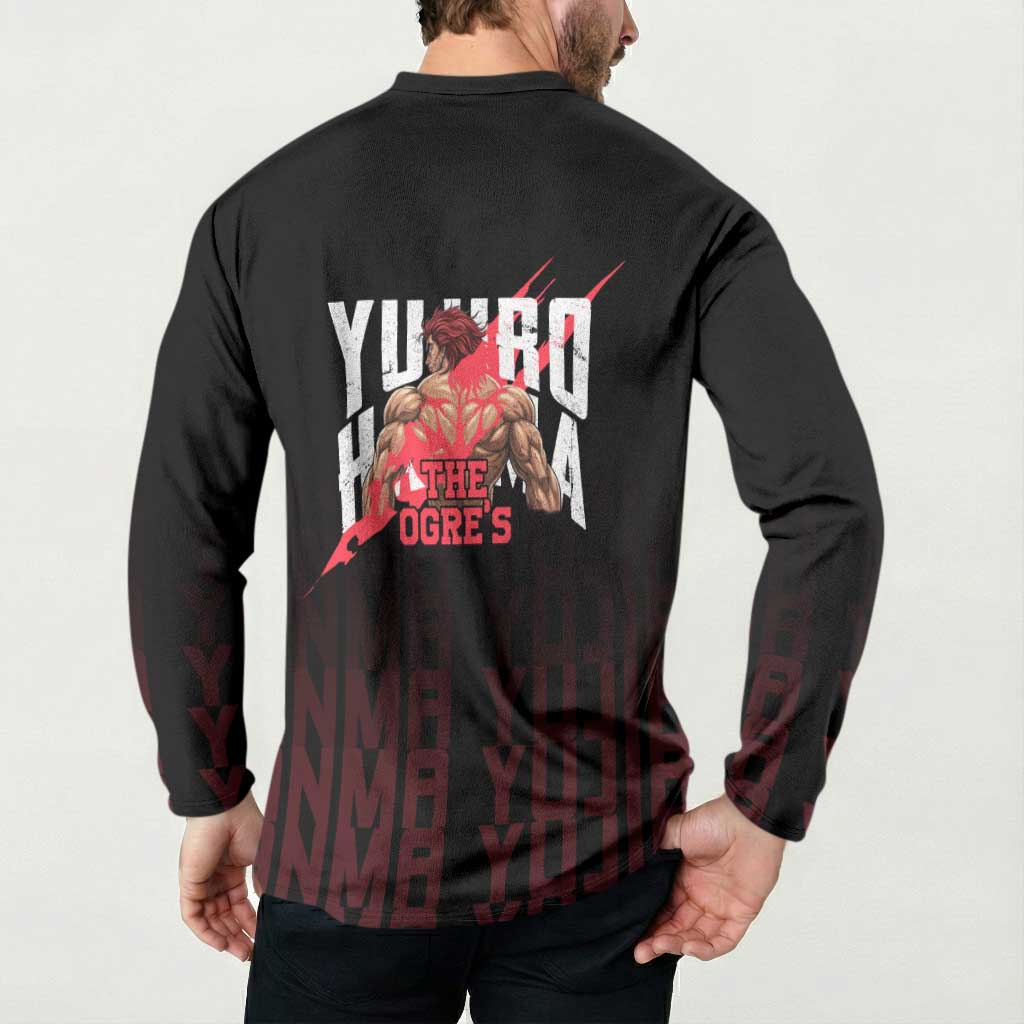 Yujiro Hanma The Ogre Baki Series Gym Theme Button Sweatshirt with Muscular Back Design and Bold Typography - The Mazicc