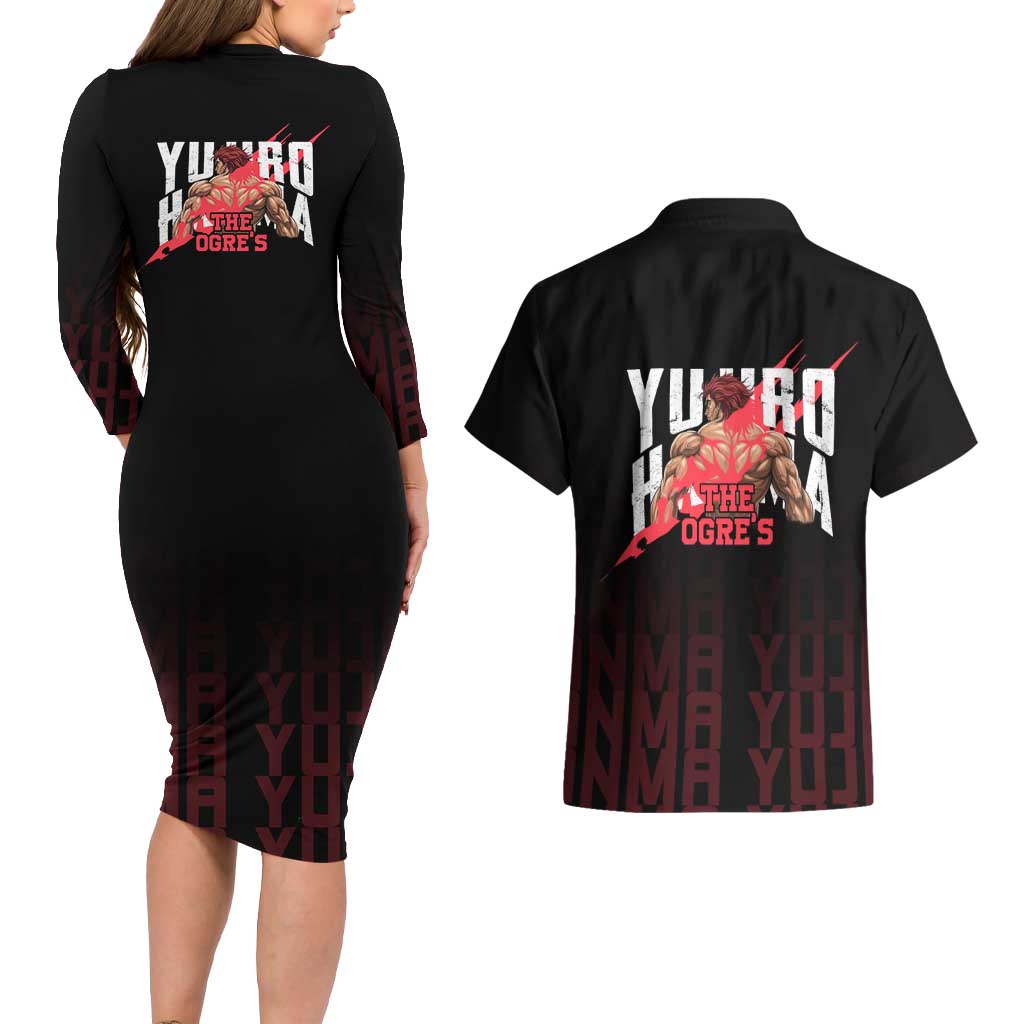 Yujiro Hanma The Ogre Baki Series Gym Theme Couples Matching Long Sleeve Bodycon Dress and Hawaiian Shirt with Muscular Back Design and Bold Typography - The Mazicc