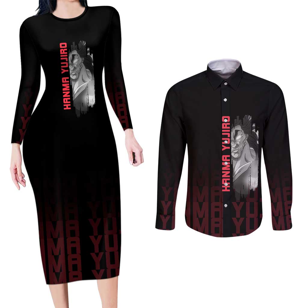 Yujiro Hanma The Ogre Baki Series Gym Theme Couples Matching Long Sleeve Bodycon Dress and Long Sleeve Button Shirt with Muscular Back Design and Bold Typography - The Mazicc