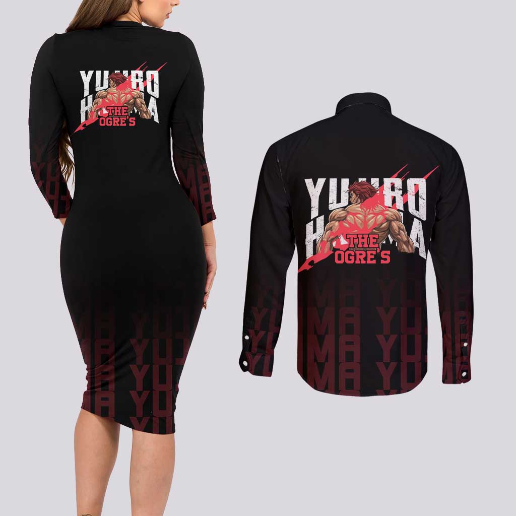 Yujiro Hanma The Ogre Baki Series Gym Theme Couples Matching Long Sleeve Bodycon Dress and Long Sleeve Button Shirt with Muscular Back Design and Bold Typography - The Mazicc