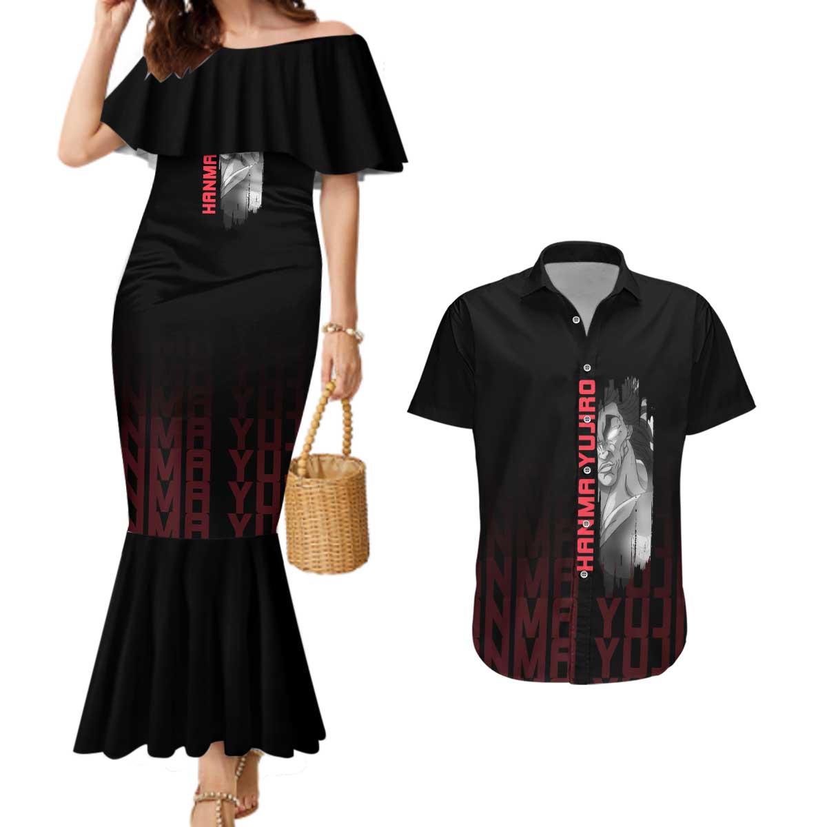 Yujiro Hanma The Ogre Baki Series Gym Theme Couples Matching Mermaid Dress and Hawaiian Shirt with Muscular Back Design and Bold Typography - The Mazicc