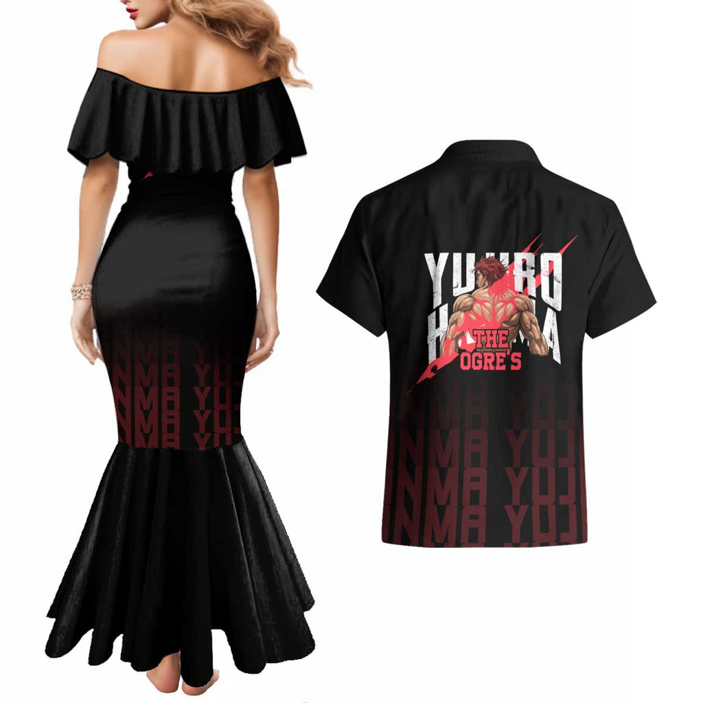 Yujiro Hanma The Ogre Baki Series Gym Theme Couples Matching Mermaid Dress and Hawaiian Shirt with Muscular Back Design and Bold Typography - The Mazicc