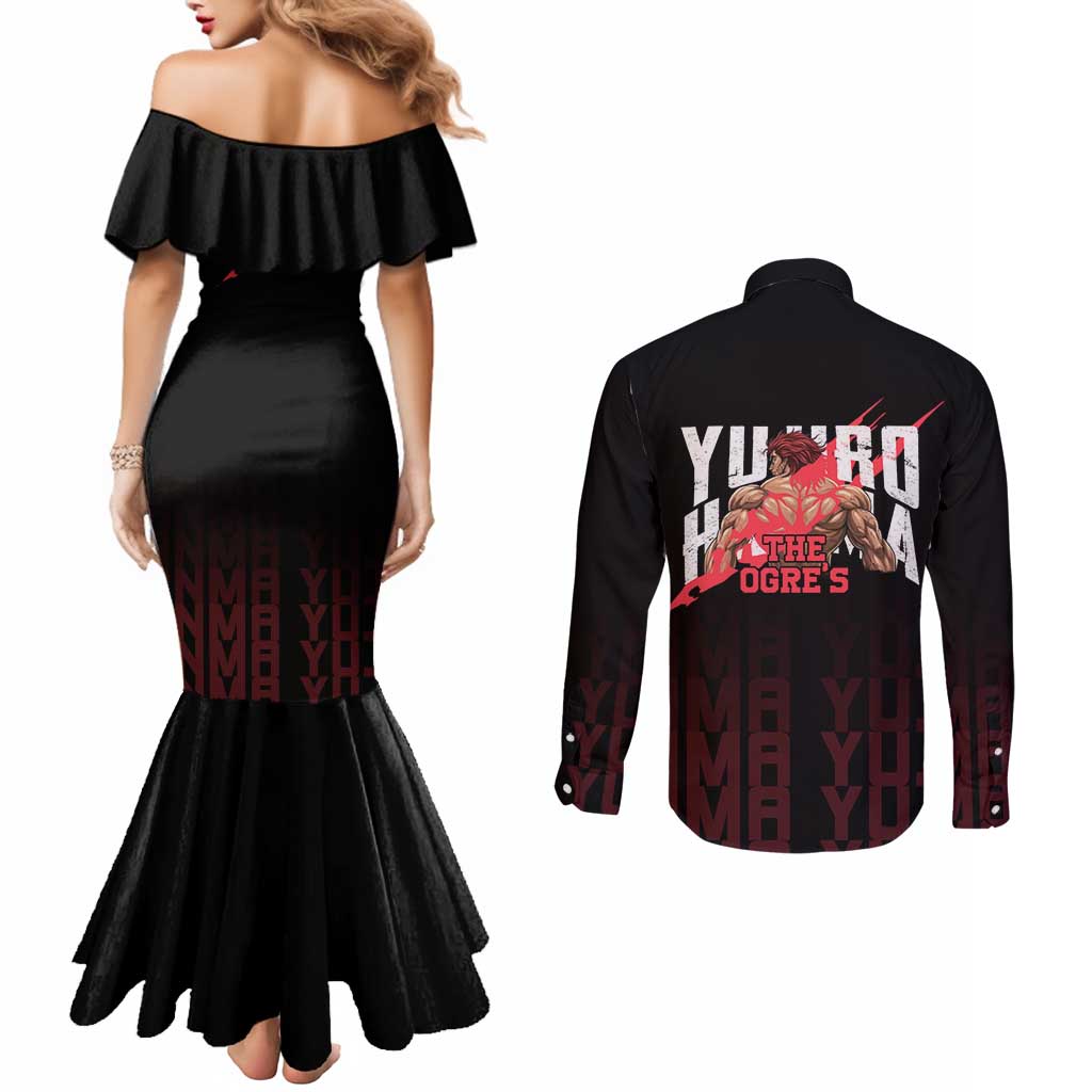 Yujiro Hanma The Ogre Baki Series Gym Theme Couples Matching Mermaid Dress and Long Sleeve Button Shirt with Muscular Back Design and Bold Typography - The Mazicc