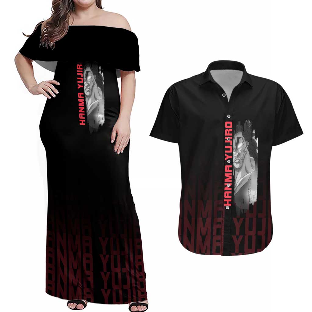 Yujiro Hanma The Ogre Baki Series Gym Theme Couples Matching Off Shoulder Maxi Dress and Hawaiian Shirt with Muscular Back Design and Bold Typography - The Mazicc