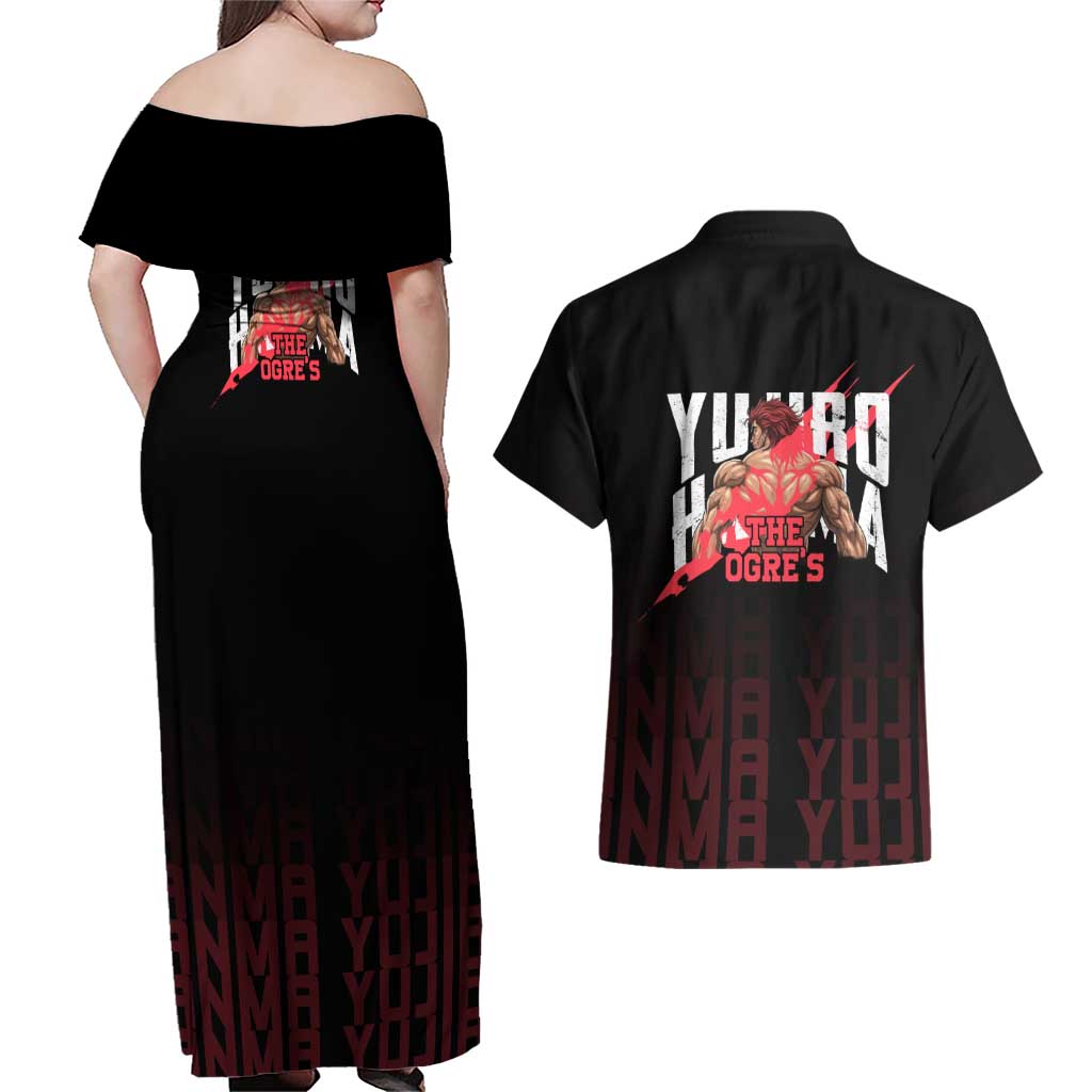 Yujiro Hanma The Ogre Baki Series Gym Theme Couples Matching Off Shoulder Maxi Dress and Hawaiian Shirt with Muscular Back Design and Bold Typography - The Mazicc