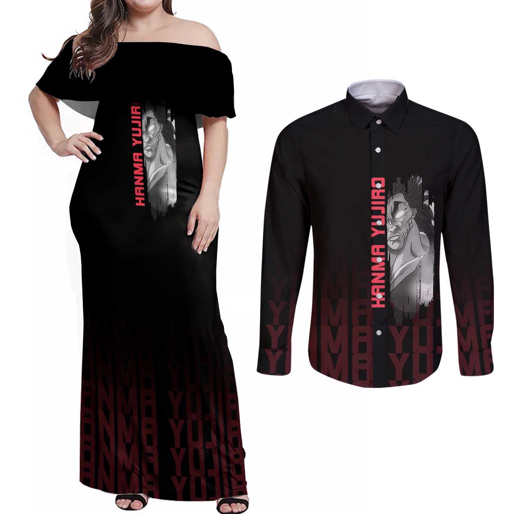 Yujiro Hanma The Ogre Baki Series Gym Theme Couples Matching Off Shoulder Maxi Dress and Long Sleeve Button Shirt with Muscular Back Design and Bold Typography - The Mazicc