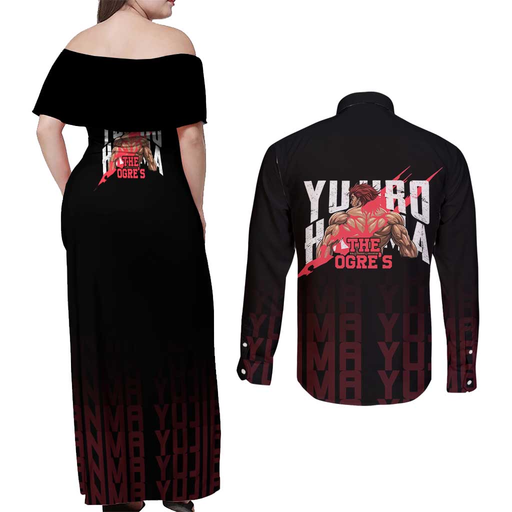 Yujiro Hanma The Ogre Baki Series Gym Theme Couples Matching Off Shoulder Maxi Dress and Long Sleeve Button Shirt with Muscular Back Design and Bold Typography - The Mazicc