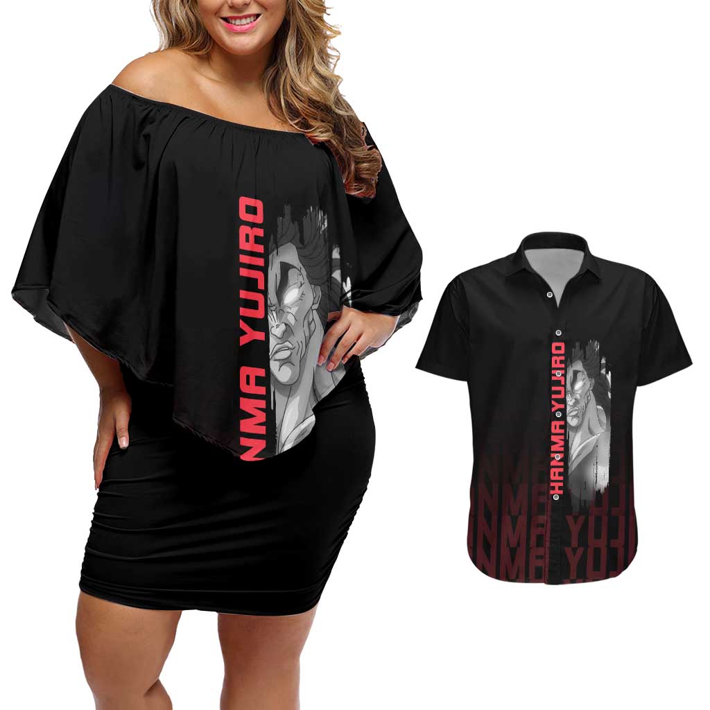 Yujiro Hanma The Ogre Baki Series Gym Theme Couples Matching Off Shoulder Short Dress and Hawaiian Shirt with Muscular Back Design and Bold Typography - The Mazicc