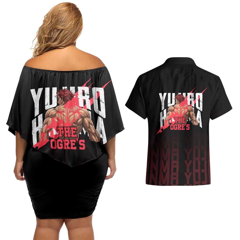 Yujiro Hanma The Ogre Baki Series Gym Theme Couples Matching Off Shoulder Short Dress and Hawaiian Shirt with Muscular Back Design and Bold Typography - The Mazicc