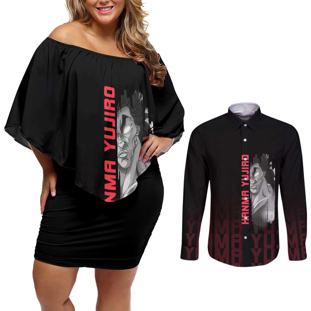 Yujiro Hanma The Ogre Baki Series Gym Theme Couples Matching Off Shoulder Short Dress and Long Sleeve Button Shirt with Muscular Back Design and Bold Typography - The Mazicc