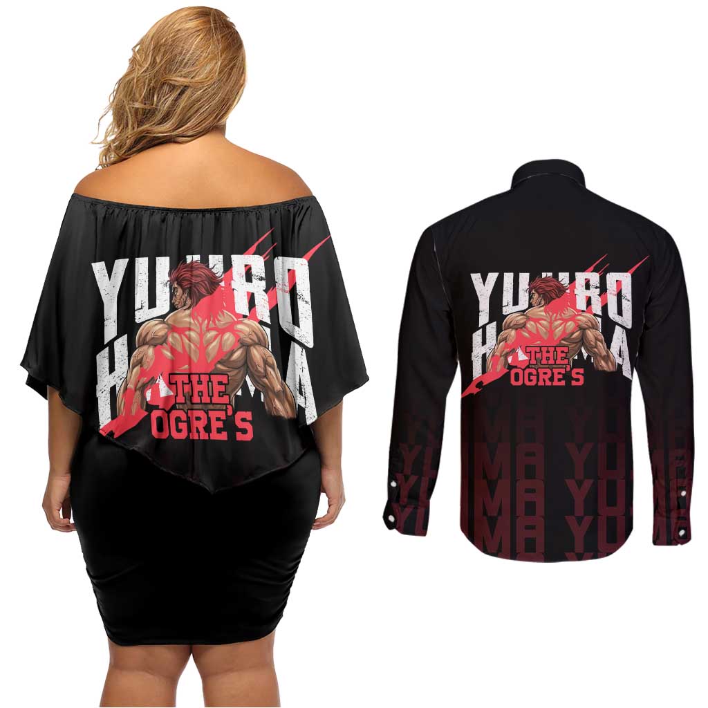 Yujiro Hanma The Ogre Baki Series Gym Theme Couples Matching Off Shoulder Short Dress and Long Sleeve Button Shirt with Muscular Back Design and Bold Typography - The Mazicc