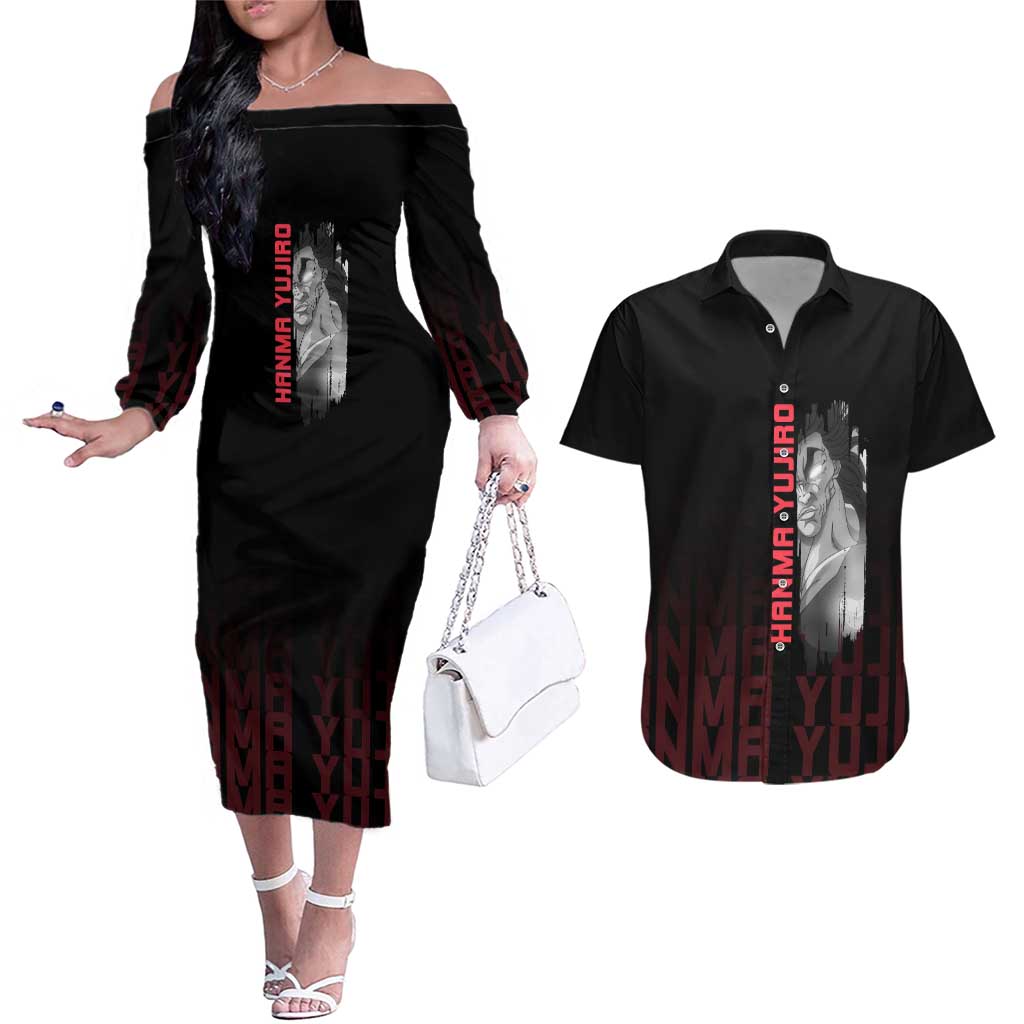 Yujiro Hanma The Ogre Baki Series Gym Theme Couples Matching Off The Shoulder Long Sleeve Dress and Hawaiian Shirt with Muscular Back Design and Bold Typography - The Mazicc