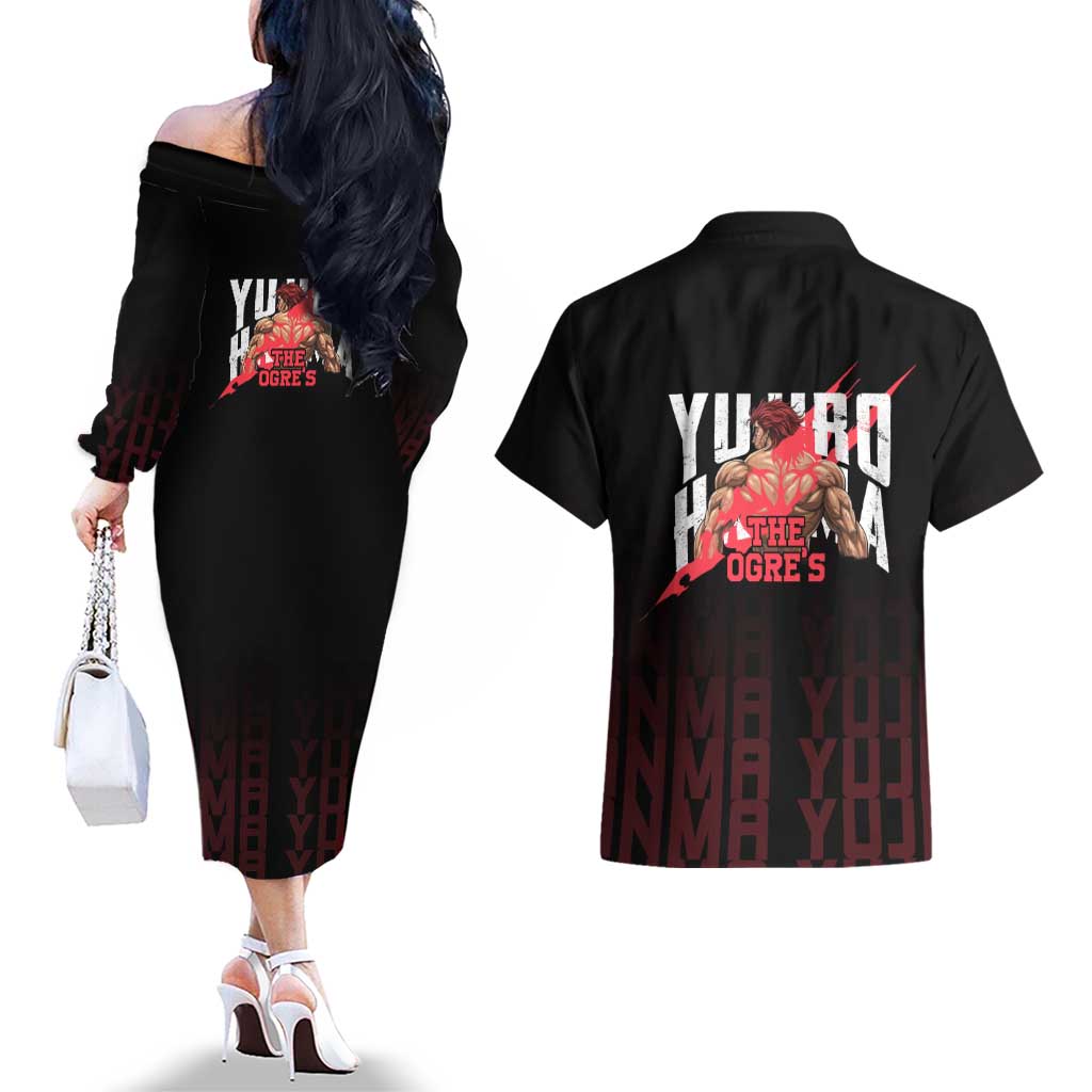 Yujiro Hanma The Ogre Baki Series Gym Theme Couples Matching Off The Shoulder Long Sleeve Dress and Hawaiian Shirt with Muscular Back Design and Bold Typography - The Mazicc