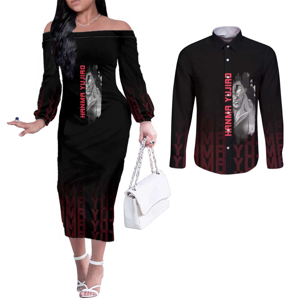 Yujiro Hanma The Ogre Baki Series Gym Theme Couples Matching Off The Shoulder Long Sleeve Dress and Long Sleeve Button Shirt with Muscular Back Design and Bold Typography - The Mazicc