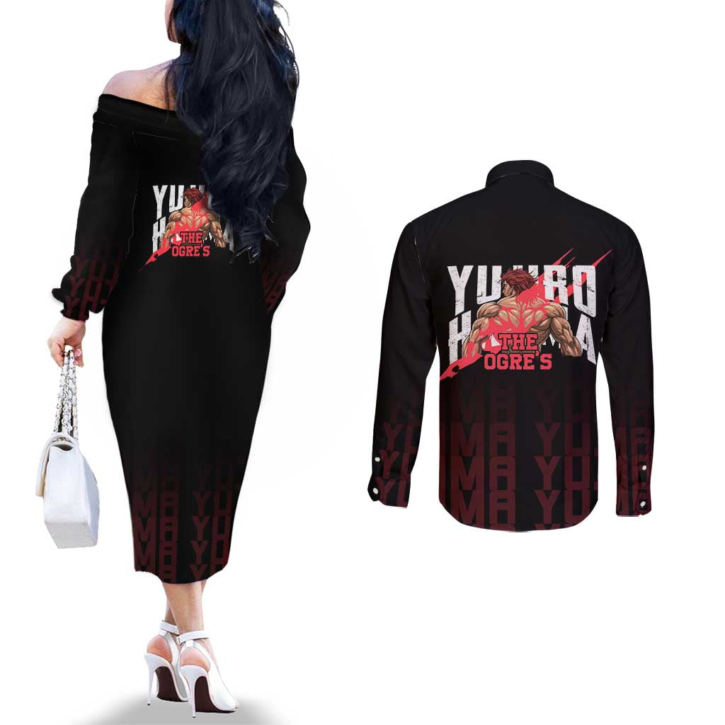 Yujiro Hanma The Ogre Baki Series Gym Theme Couples Matching Off The Shoulder Long Sleeve Dress and Long Sleeve Button Shirt with Muscular Back Design and Bold Typography - The Mazicc