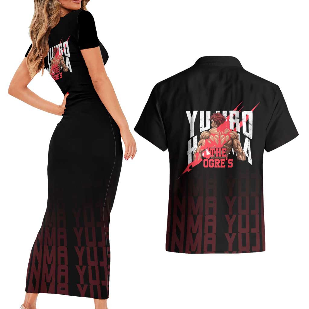 Yujiro Hanma The Ogre Baki Series Gym Theme Couples Matching Short Sleeve Bodycon Dress and Hawaiian Shirt with Muscular Back Design and Bold Typography - The Mazicc