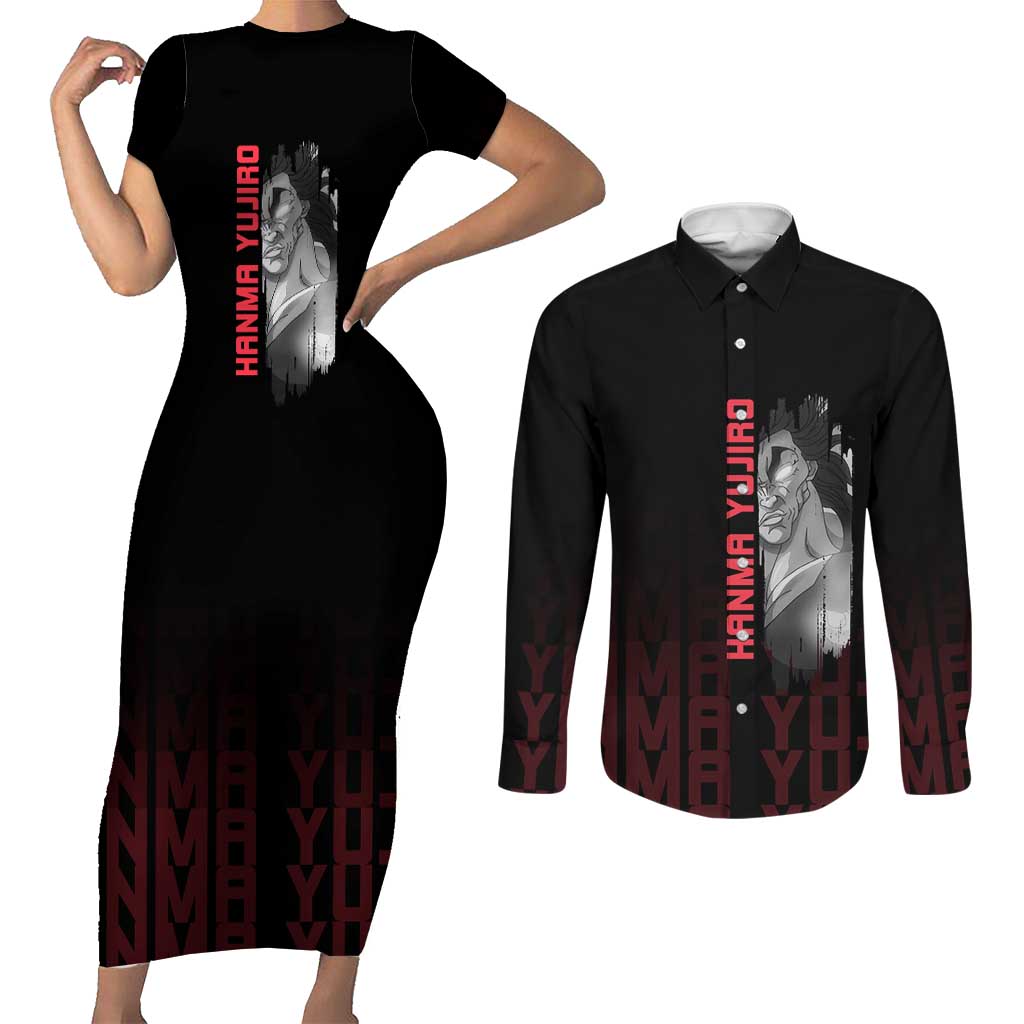 Yujiro Hanma The Ogre Baki Series Gym Theme Couples Matching Short Sleeve Bodycon Dress and Long Sleeve Button Shirt with Muscular Back Design and Bold Typography - The Mazicc