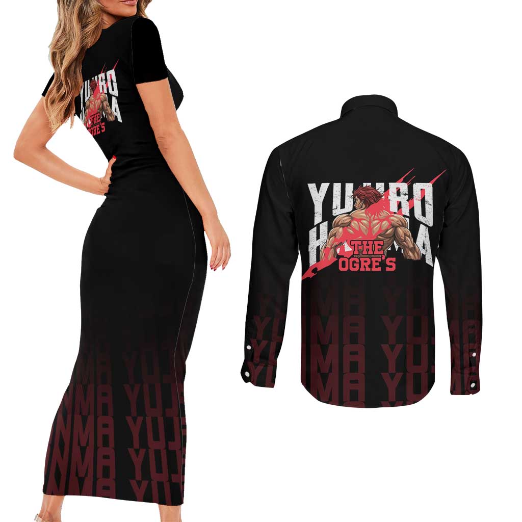 Yujiro Hanma The Ogre Baki Series Gym Theme Couples Matching Short Sleeve Bodycon Dress and Long Sleeve Button Shirt with Muscular Back Design and Bold Typography - The Mazicc