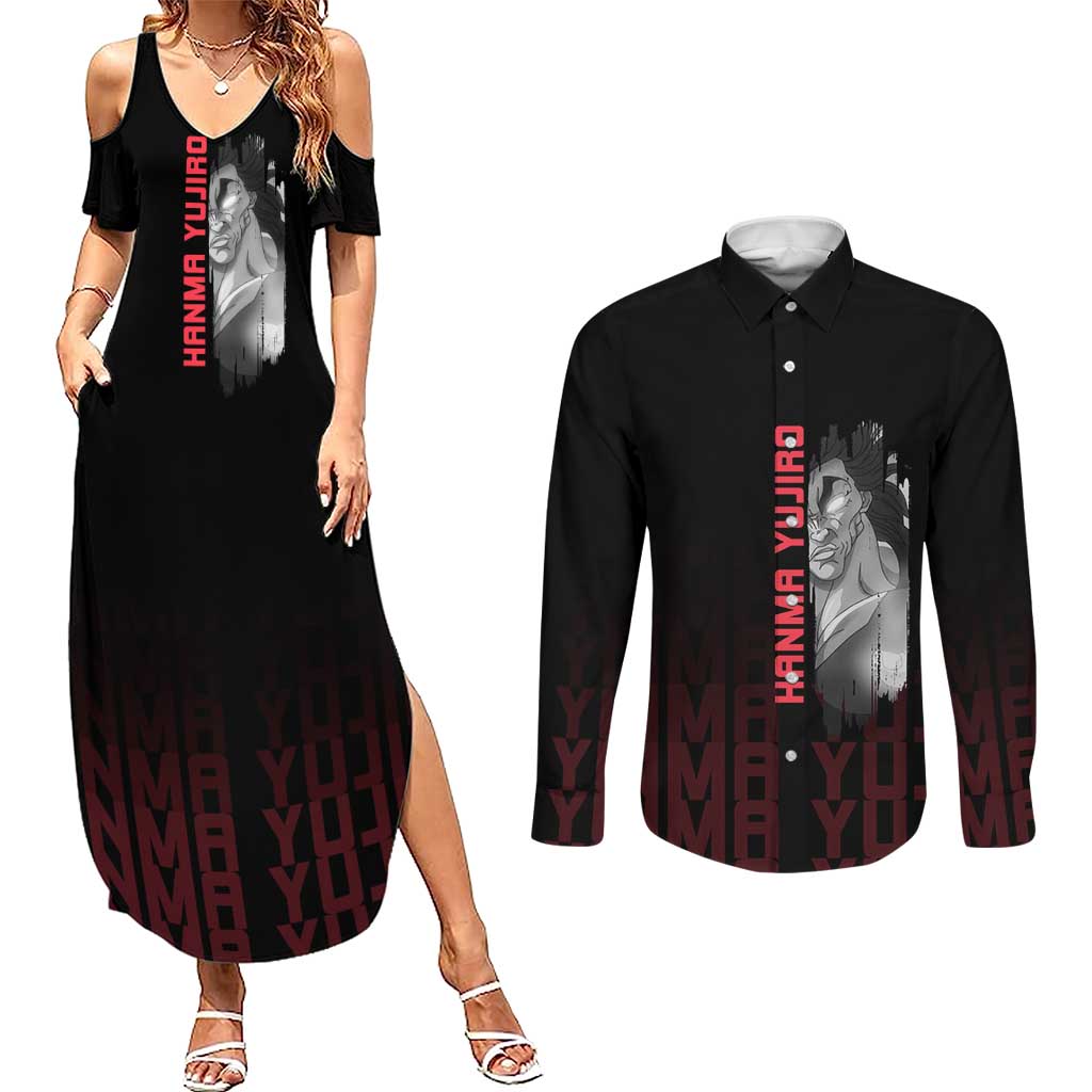 Yujiro Hanma The Ogre Baki Series Gym Theme Couples Matching Summer Maxi Dress and Long Sleeve Button Shirt with Muscular Back Design and Bold Typography - The Mazicc