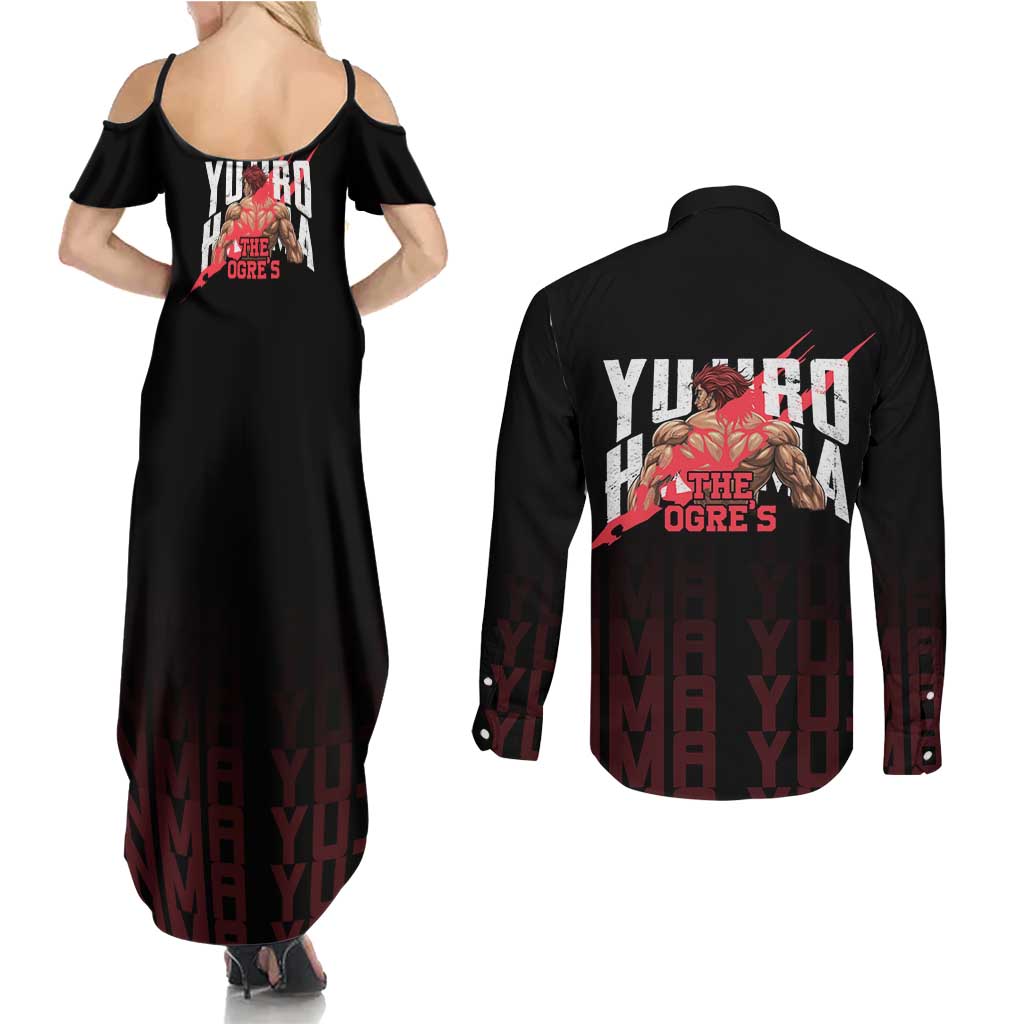 Yujiro Hanma The Ogre Baki Series Gym Theme Couples Matching Summer Maxi Dress and Long Sleeve Button Shirt with Muscular Back Design and Bold Typography - The Mazicc