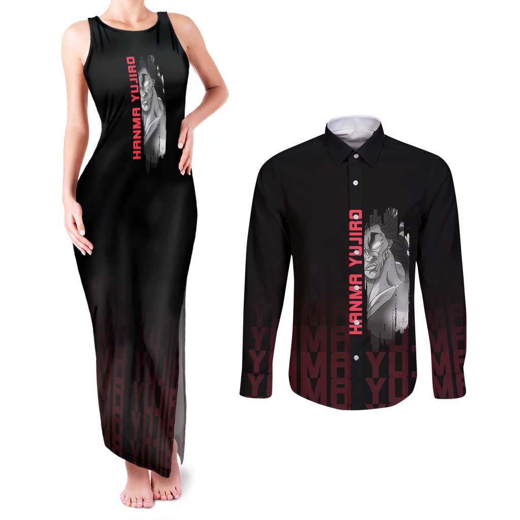 Yujiro Hanma The Ogre Baki Series Gym Theme Couples Matching Tank Maxi Dress and Long Sleeve Button Shirt with Muscular Back Design and Bold Typography - The Mazicc