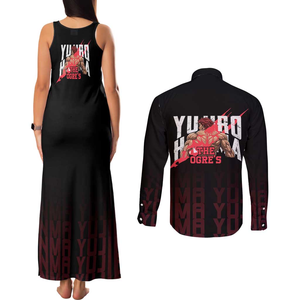 Yujiro Hanma The Ogre Baki Series Gym Theme Couples Matching Tank Maxi Dress and Long Sleeve Button Shirt with Muscular Back Design and Bold Typography - The Mazicc