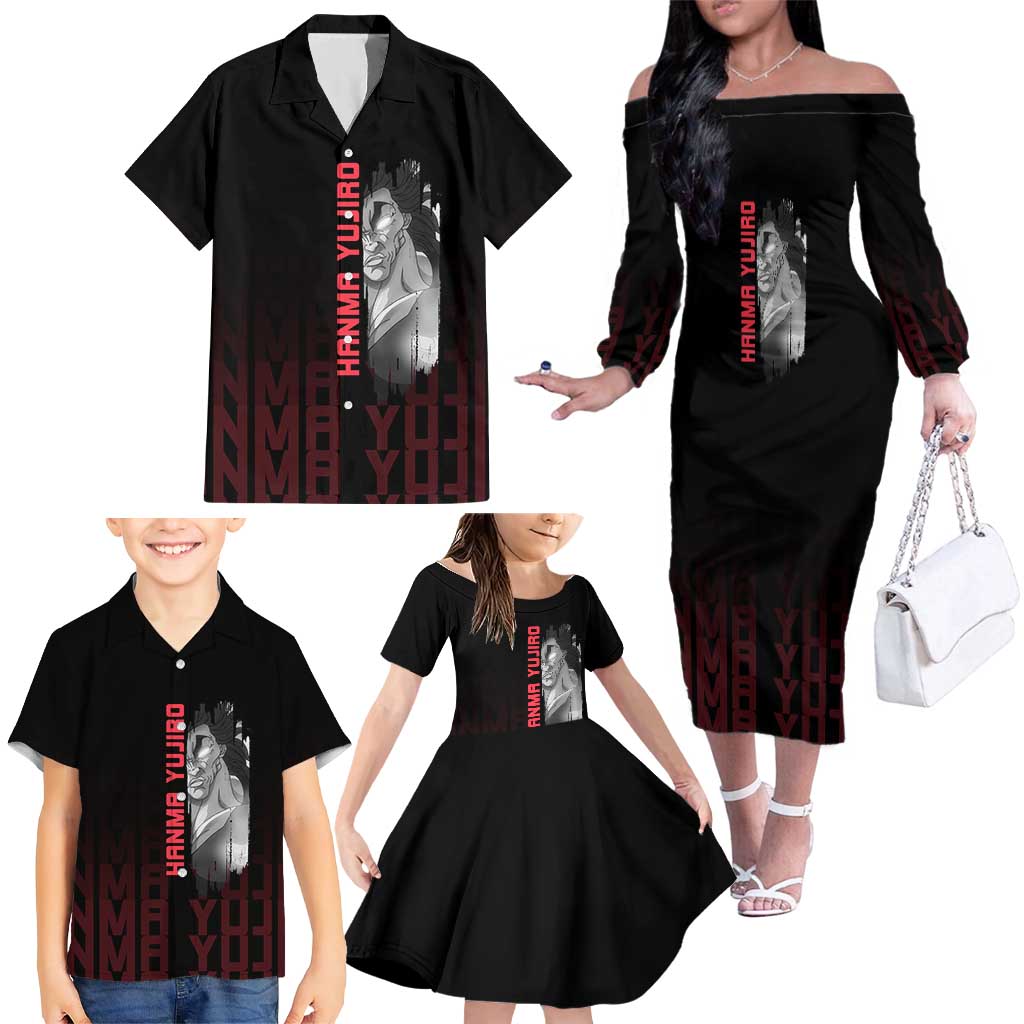 Yujiro Hanma The Ogre Baki Series Gym Theme Family Matching Off The Shoulder Long Sleeve Dress and Hawaiian Shirt with Muscular Back Design and Bold Typography
