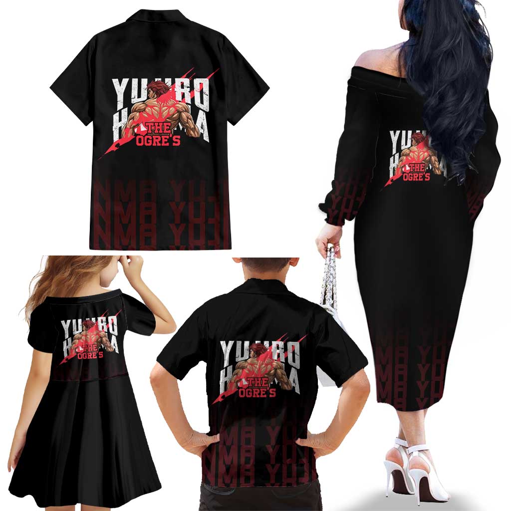 Yujiro Hanma The Ogre Baki Series Gym Theme Family Matching Off The Shoulder Long Sleeve Dress and Hawaiian Shirt with Muscular Back Design and Bold Typography