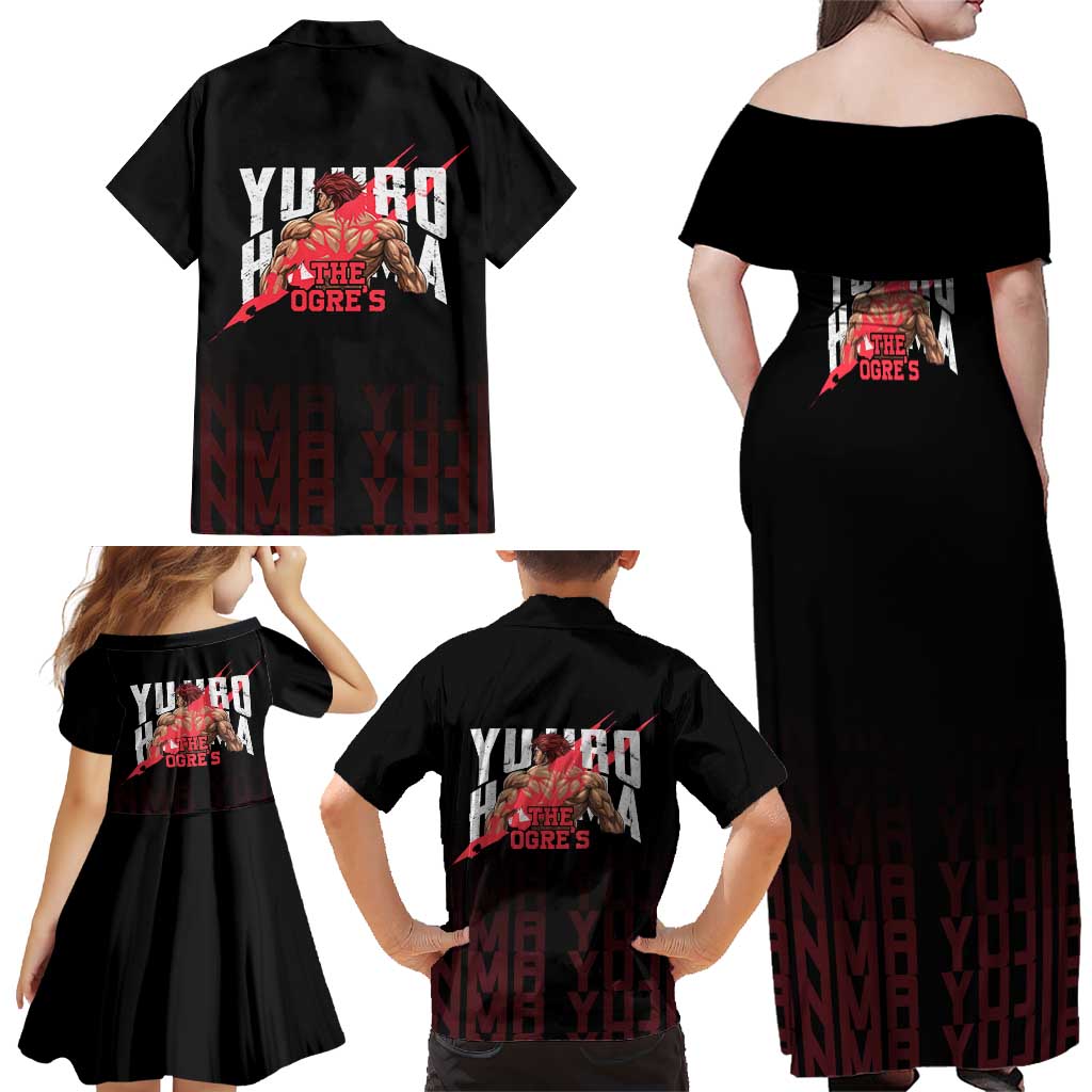Yujiro Hanma The Ogre Baki Series Gym Theme Family Matching Off Shoulder Maxi Dress and Hawaiian Shirt with Muscular Back Design and Bold Typography