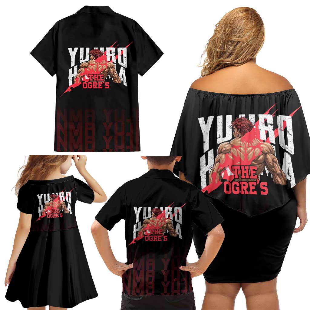 Yujiro Hanma The Ogre Baki Series Gym Theme Family Matching Off Shoulder Short Dress and Hawaiian Shirt with Muscular Back Design and Bold Typography