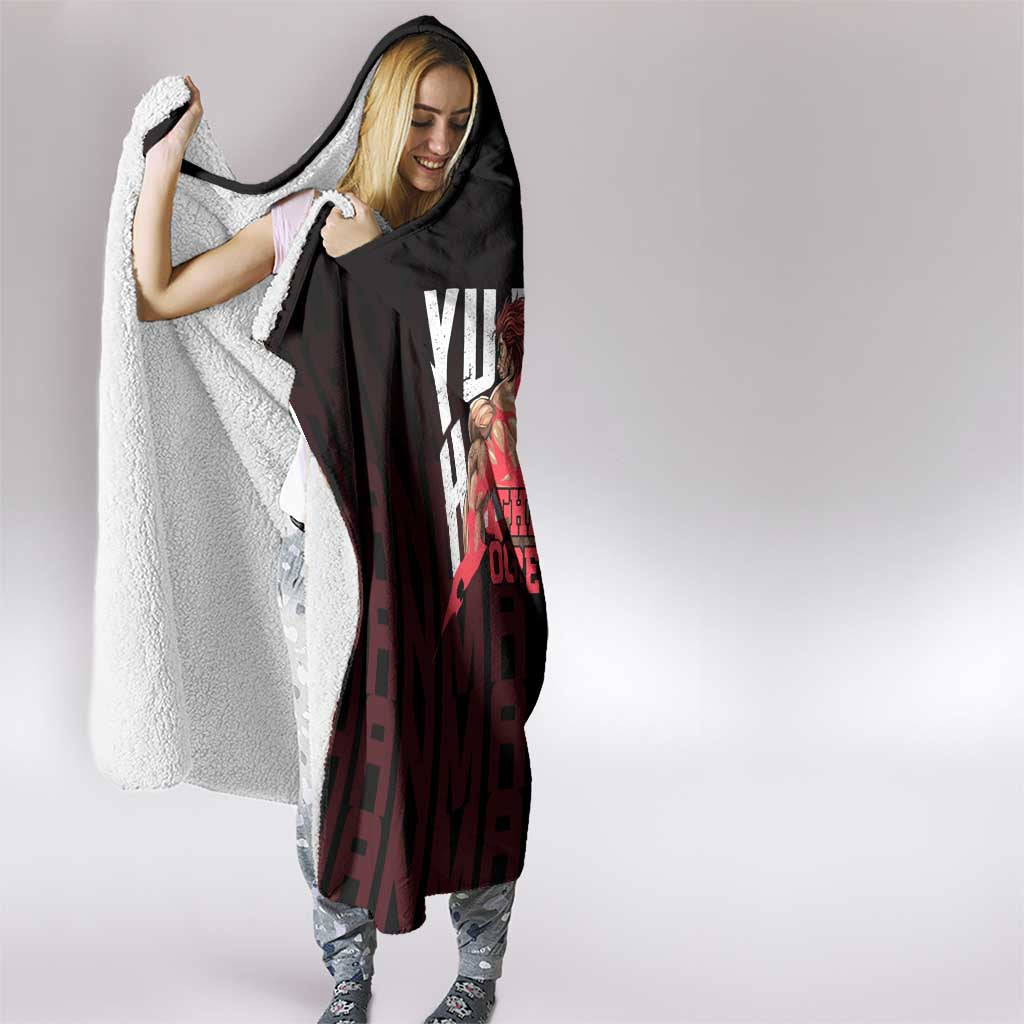Yujiro Hanma The Ogre Baki Series Gym Theme Hooded Blanket with Muscular Back Design and Bold Typography - The Mazicc