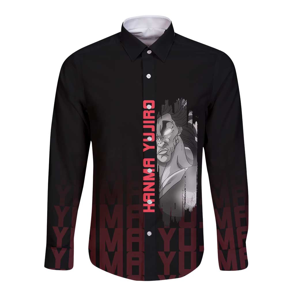 Yujiro Hanma The Ogre Baki Series Gym Theme Long Sleeve Button Shirt with Muscular Back Design and Bold Typography - The Mazicc