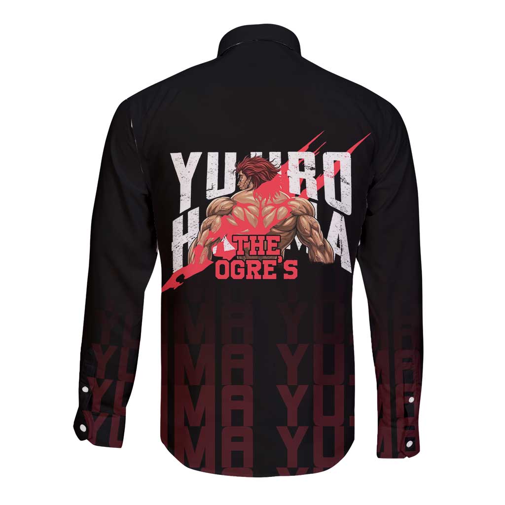 Yujiro Hanma The Ogre Baki Series Gym Theme Long Sleeve Button Shirt with Muscular Back Design and Bold Typography - The Mazicc